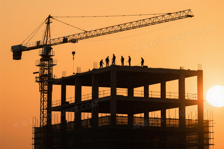 剪影风格工地塔吊工人作业图片