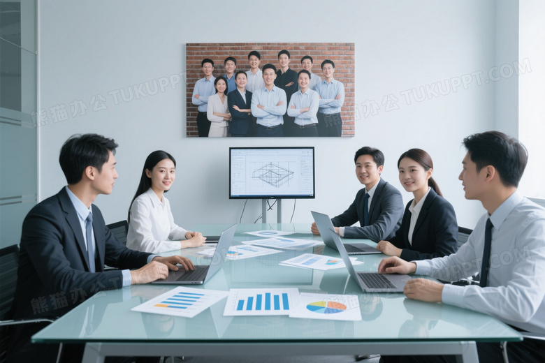 六位商务人士会议桌前数据讨论图片