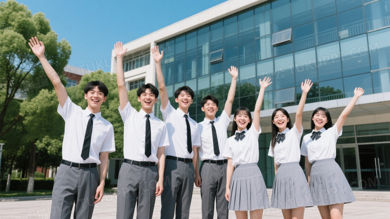 高中生校服欢呼教学楼前图片