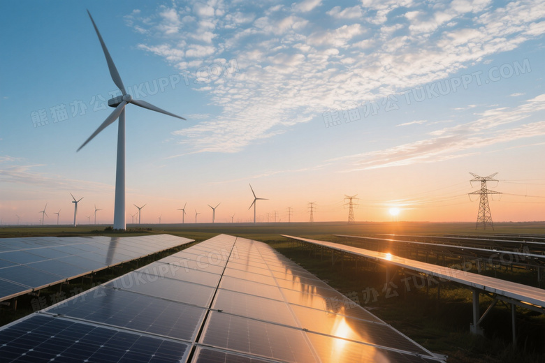 光伏阵列与风电机日出广角图片