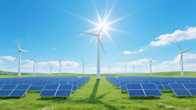光伏板与风力发电机广角图片