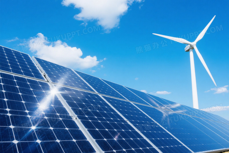 倾斜视角光伏阵列与风电机图片
