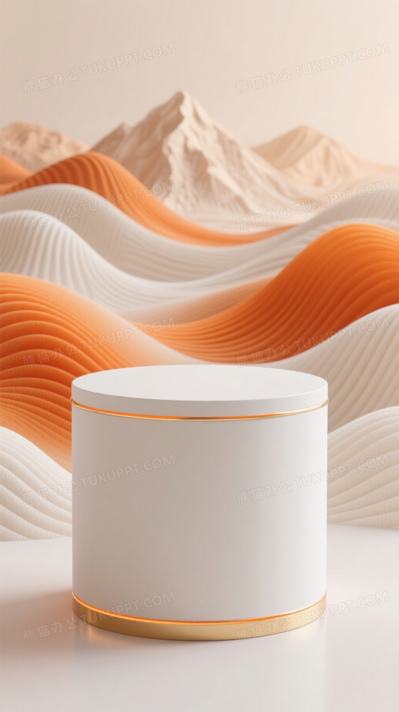 白色展台置于橙白波浪地貌前图片