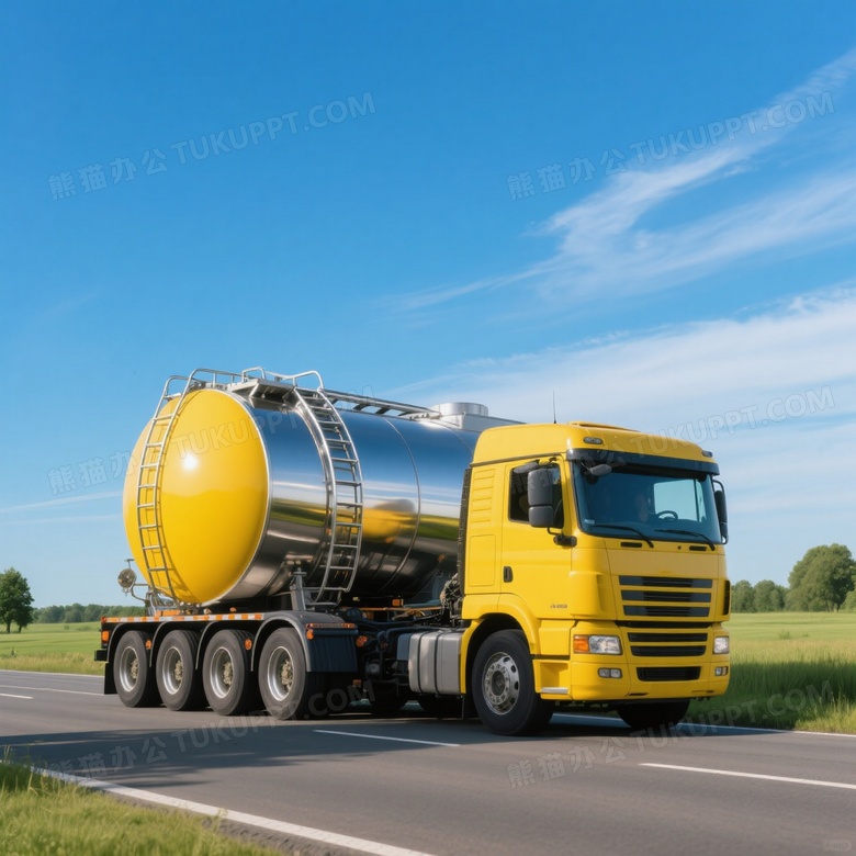 黄色油罐车公路行驶侧逆光图片