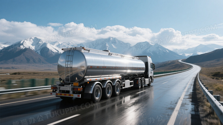 银色油罐车高速行驶侧逆光图片