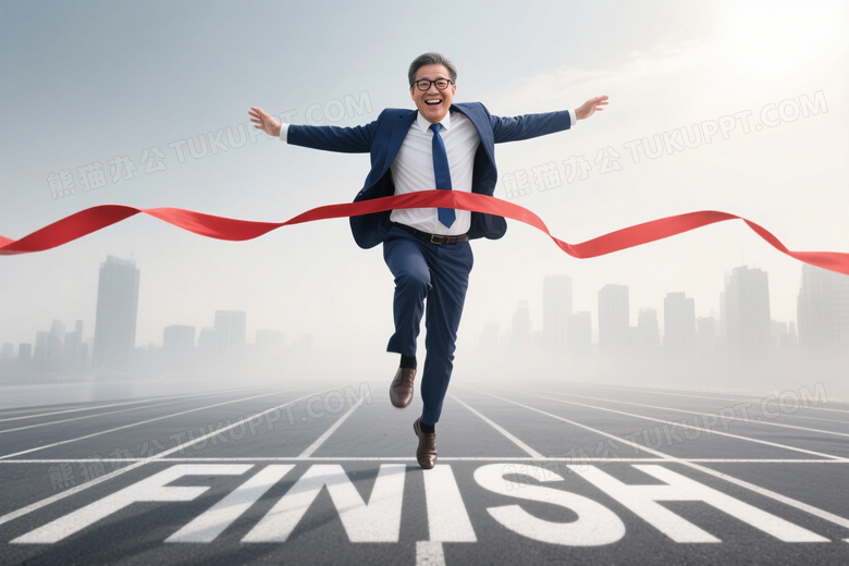 中年男子跃过终点缎带图片