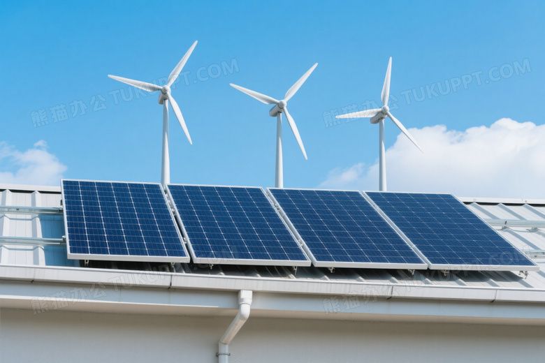 屋顶太阳能板与风力发电机高清图片