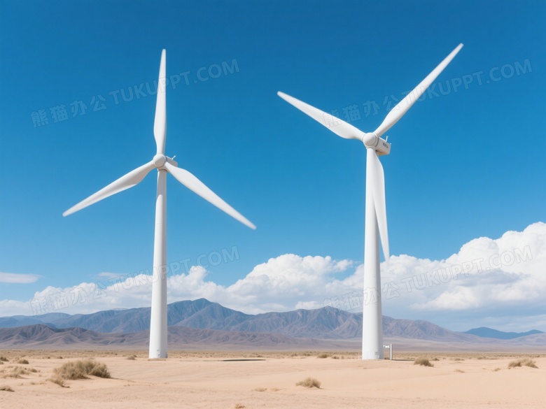 白色风力发电机沙地矗立图片