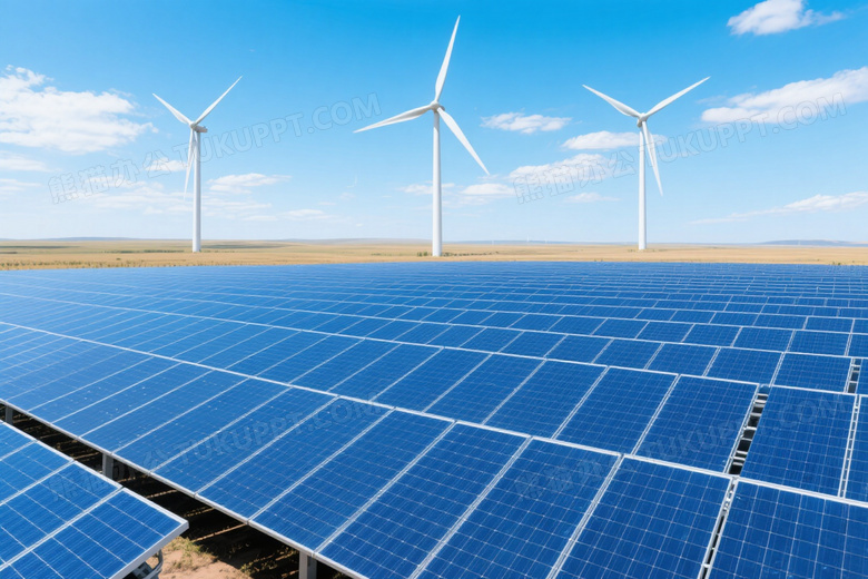 蓝色太阳能板阵列与风力发电机图片