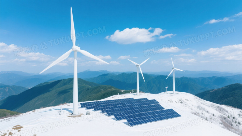 雪地风电机与太阳能板全景图片