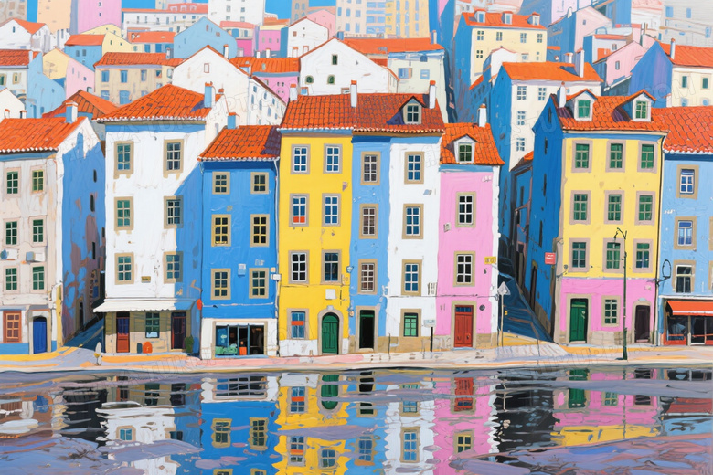 油画风格城市街景倒影图片