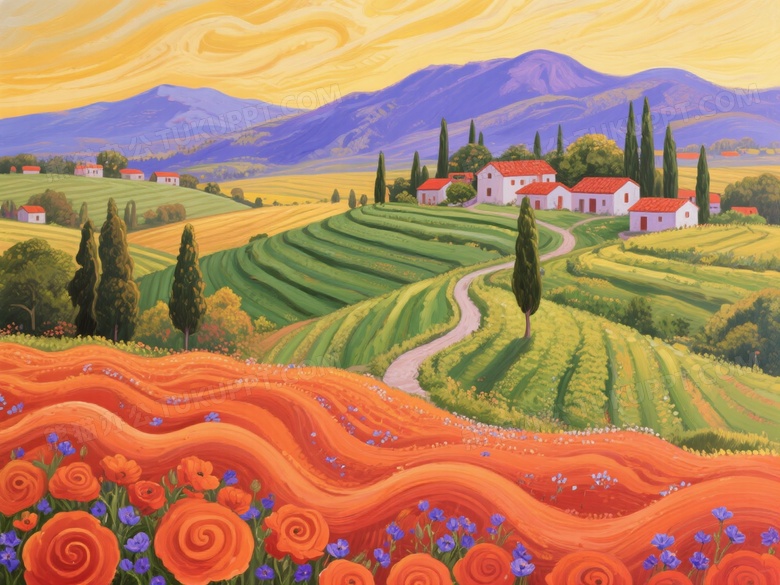 油画风田园花田梯田农舍图片