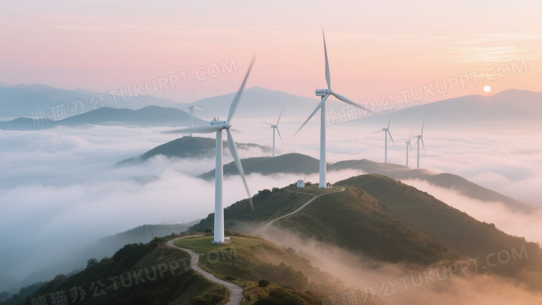 山顶云海风力发电机日出图片