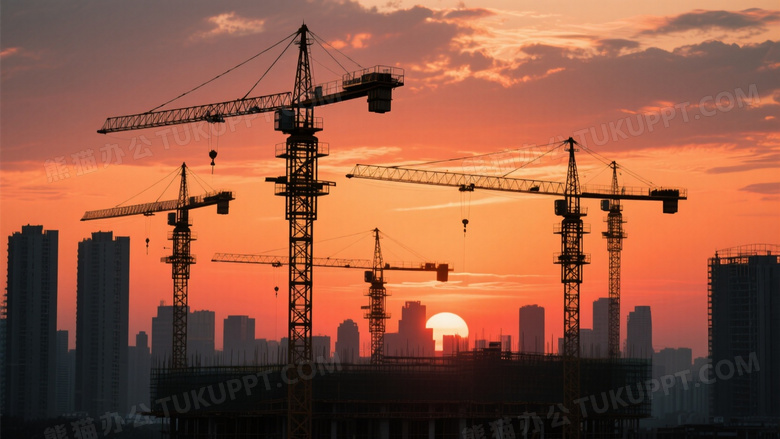 塔吊剪影工地日落逆光图片