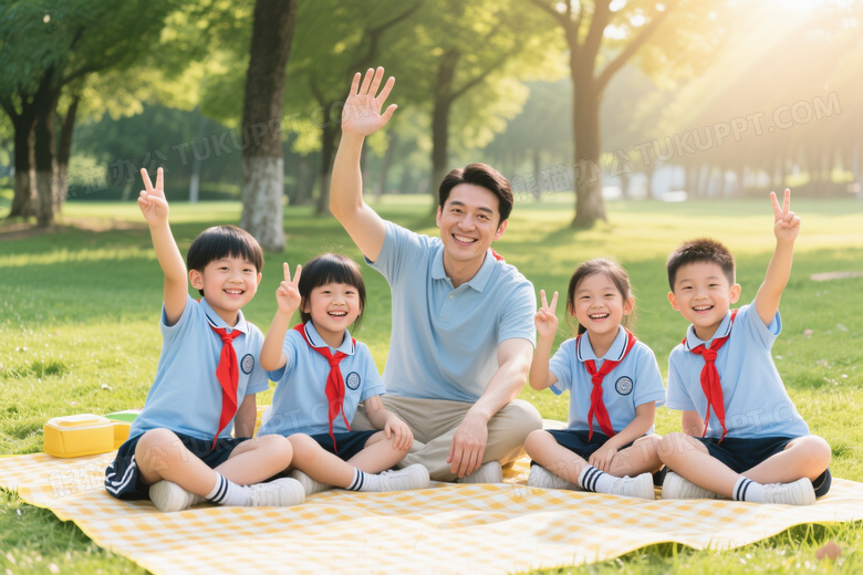 教师与小学生野餐垫合影图片