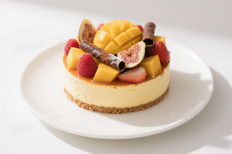 芒果芝士蛋糕俯拍特写图片