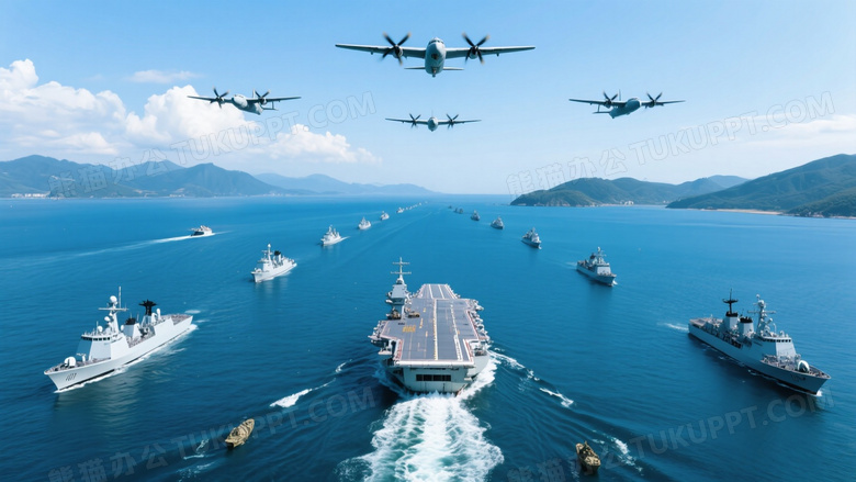 海军舰队编队航行俯拍图片