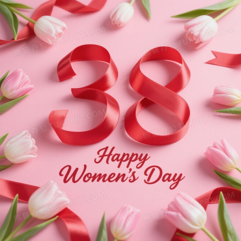 粉色背景38数字与郁金香俯拍图片