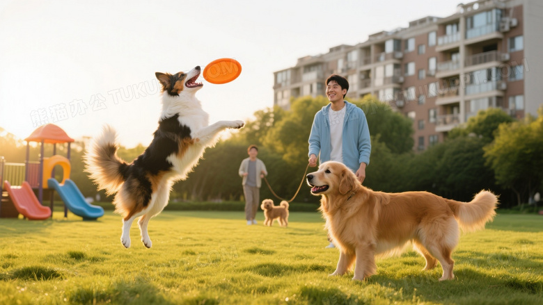 三色边牧跃接飞盘金毛旁观图片