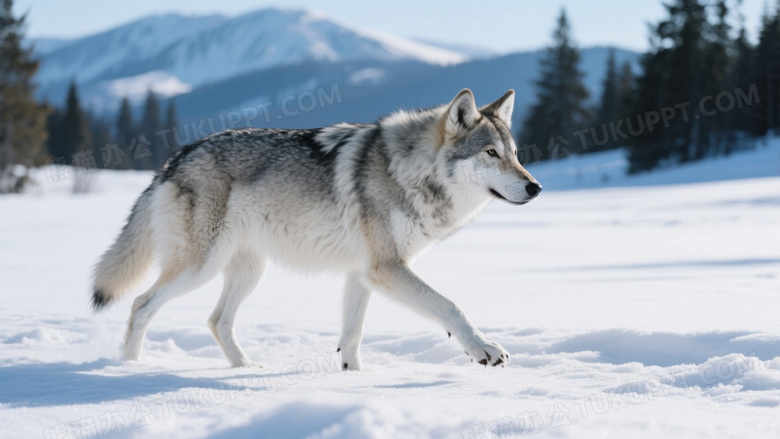 灰白狼雪地行进侧逆光图片