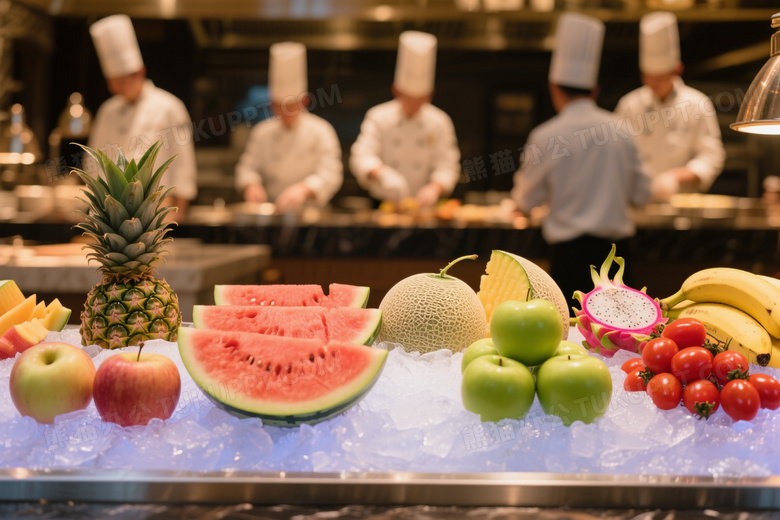 冰镇水果自助餐台特写图片
