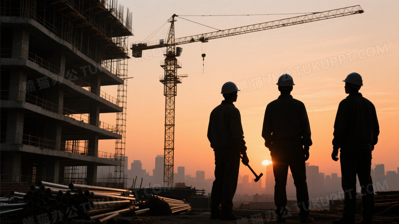 建筑工地剪影工人与塔吊图片