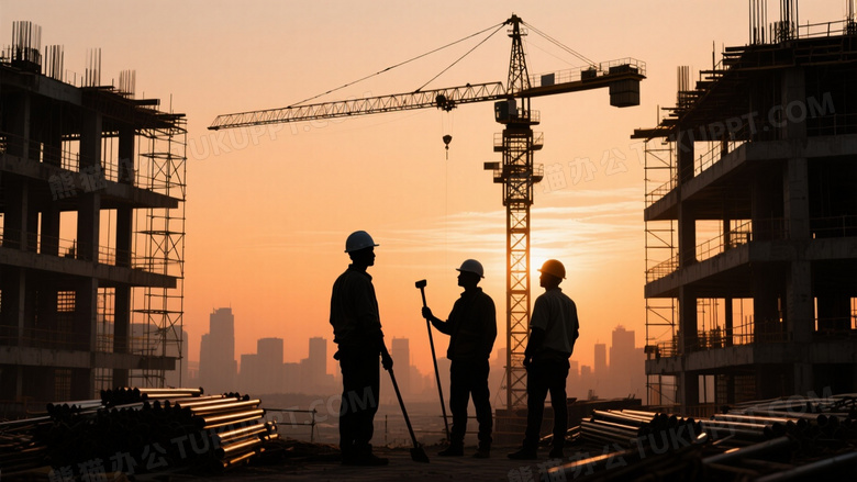 建筑工地剪影工人与塔吊图片