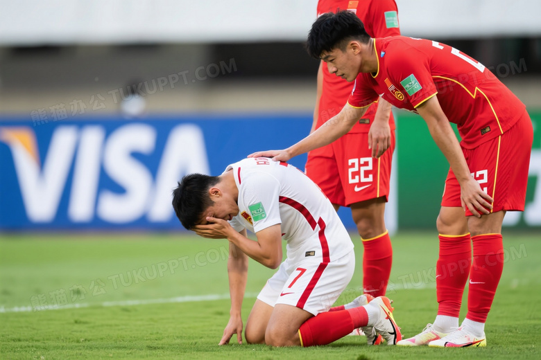 跪地掩面足球运动员情绪特写图片