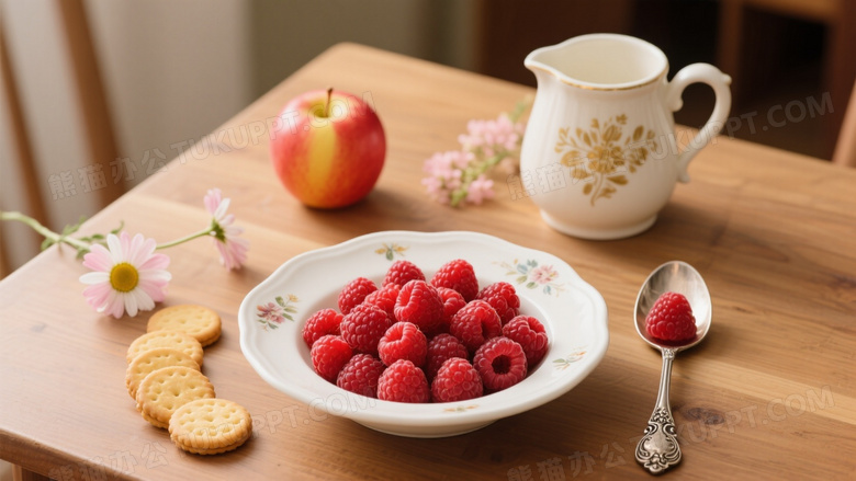 覆盆子瓷碗俯拍静物图片