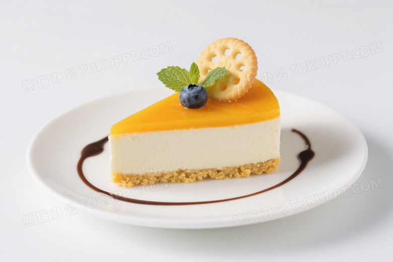 芒果芝士蛋糕白盘特写图片
