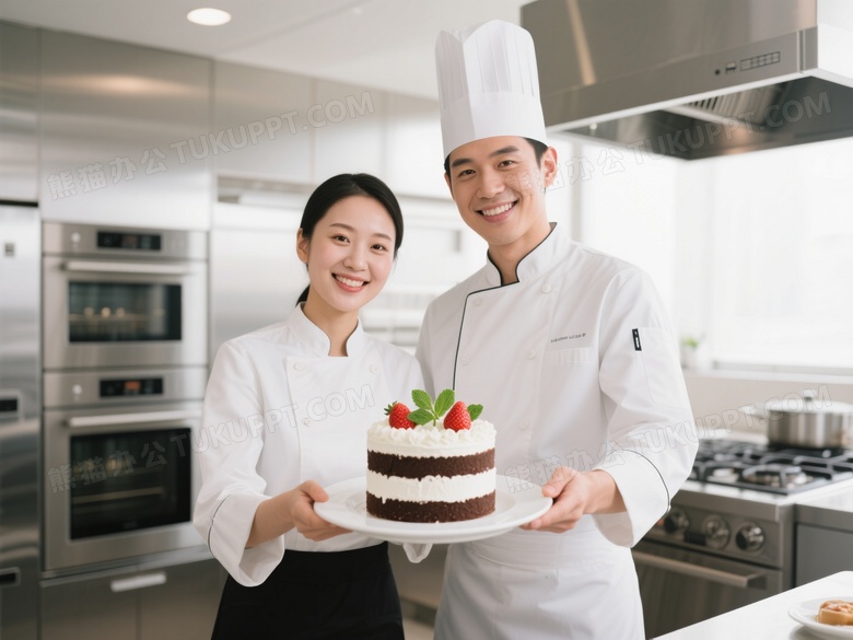厨师托举双层蛋糕微笑图片