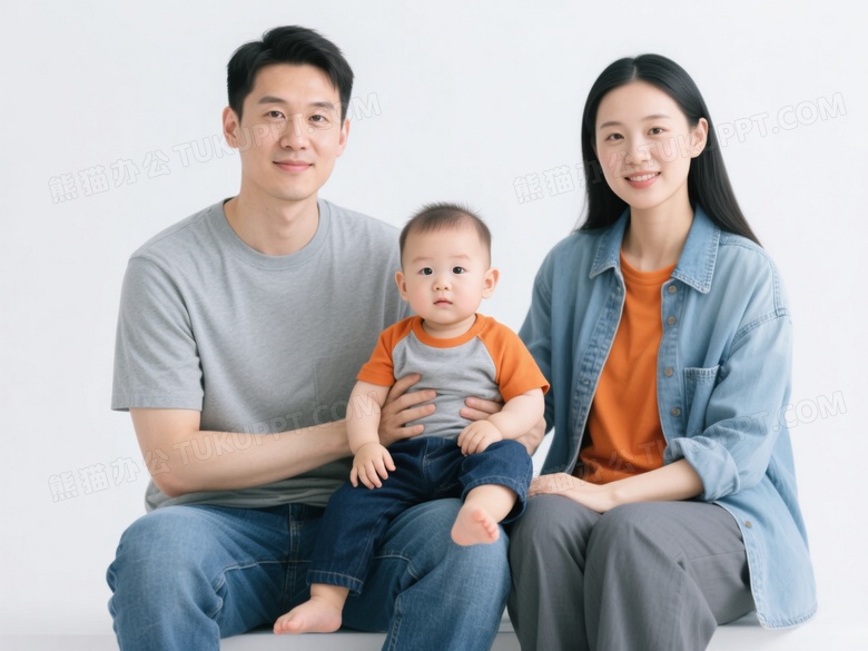父母怀抱男婴纯白背景合影图片