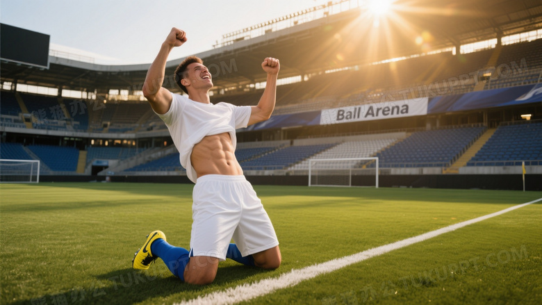 足球运动员跪地庆祝逆光图片