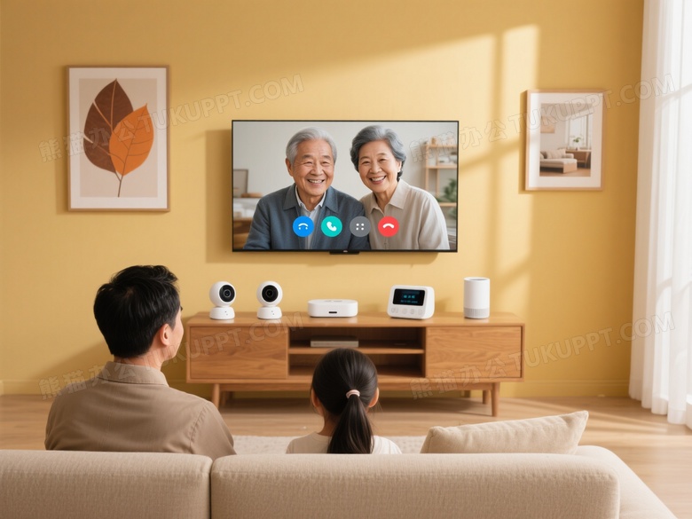 三口之家看电视视频通话图片