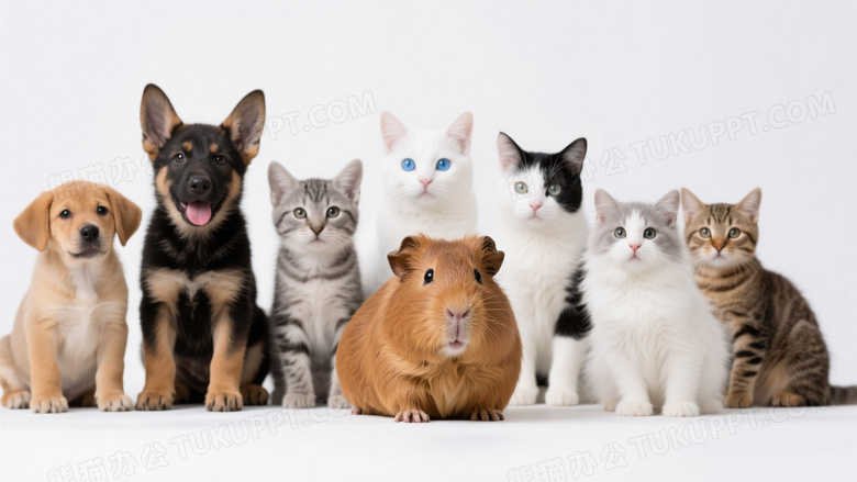 幼犬幼猫豚鼠纯白背景合影图片