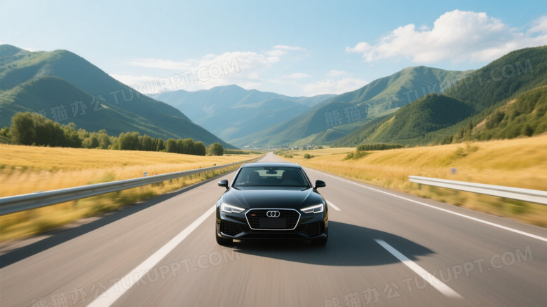 黑色轿车高速行驶山野间图片