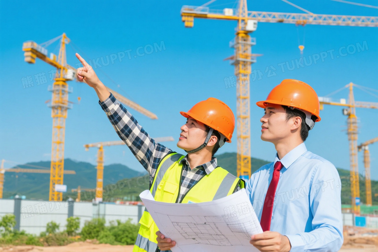 工程师工地指认塔吊查看图纸图片