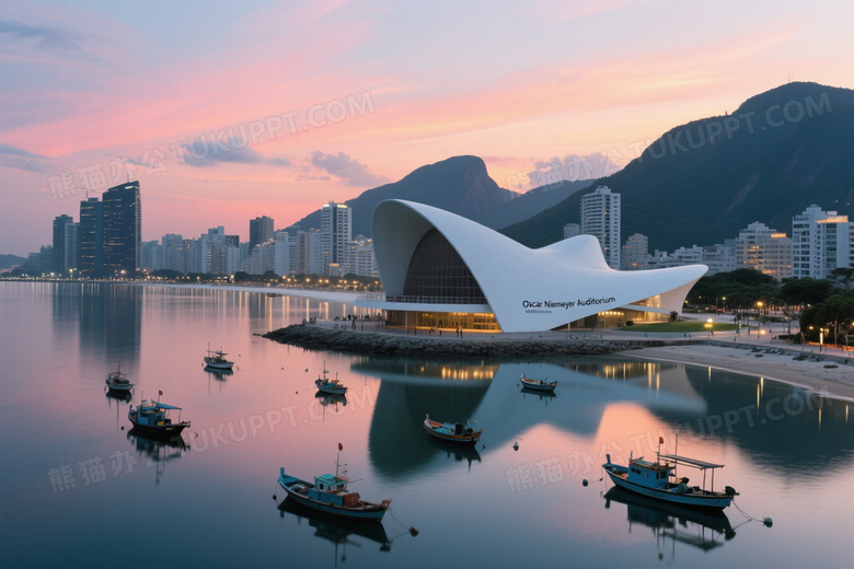 黄昏海滨城市天际线俯瞰图片