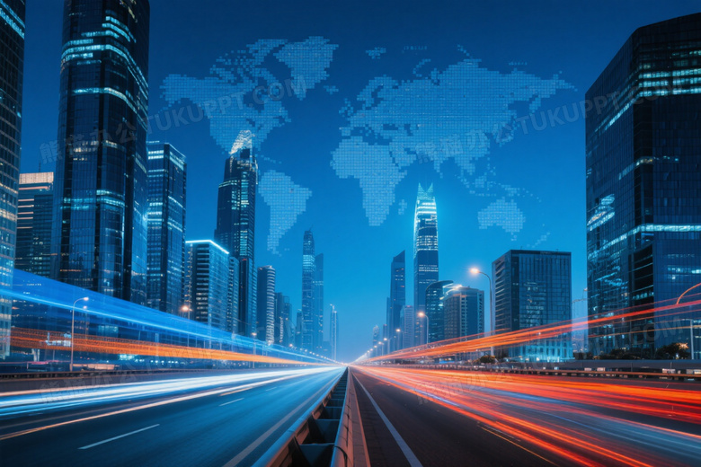 夜景城市天际线光轨对称图片