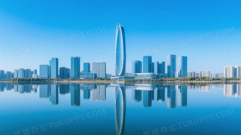 现代城市天际线湖面倒影图片