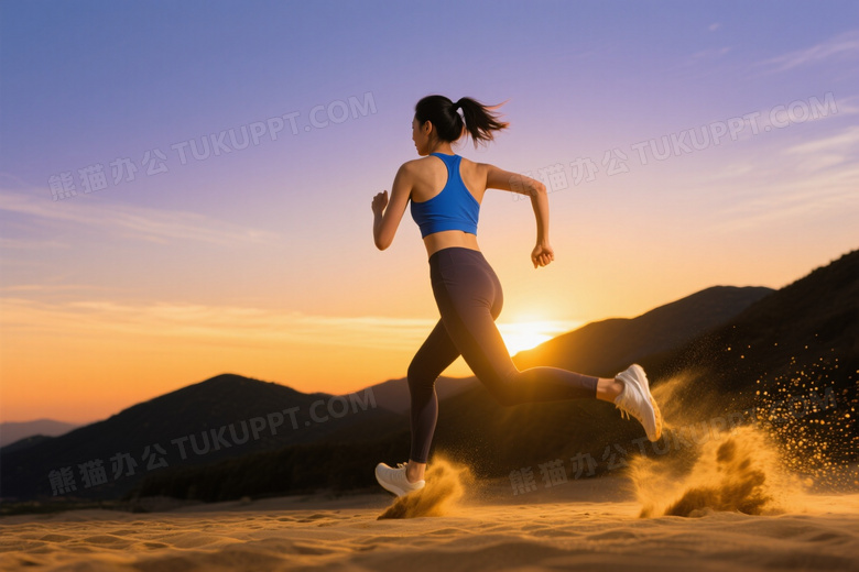 亚洲女性背影奔跑逆光图片