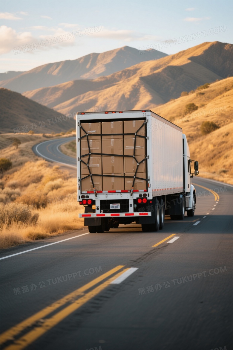 满载纸箱卡车山道行驶侧逆光图片