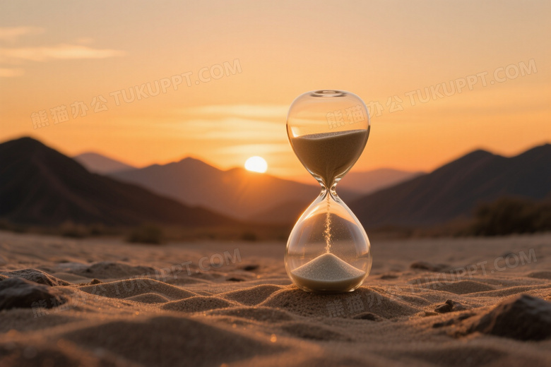 沙漏置于沙地日落逆光图片