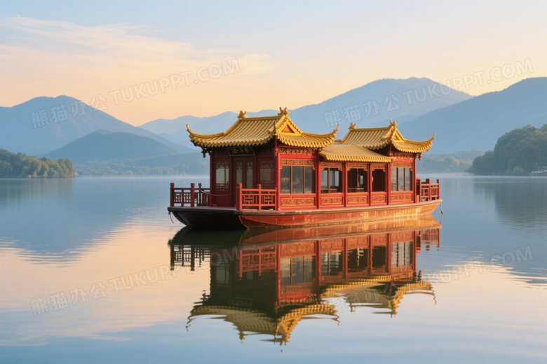 朱红古船静泊湖面晨曦图片