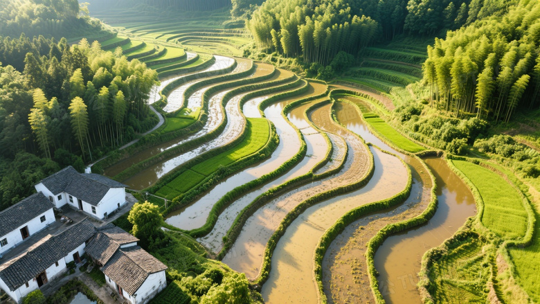 俯拍梯田农田与竹林农舍图片