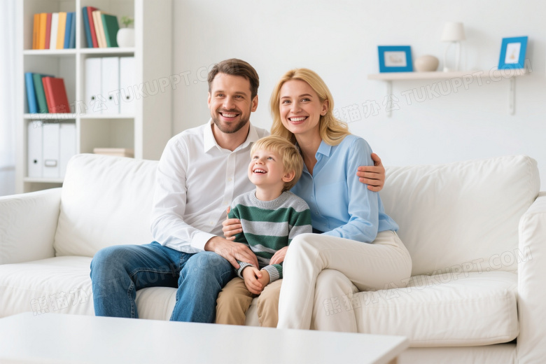 幸福三口之家沙发合影图片