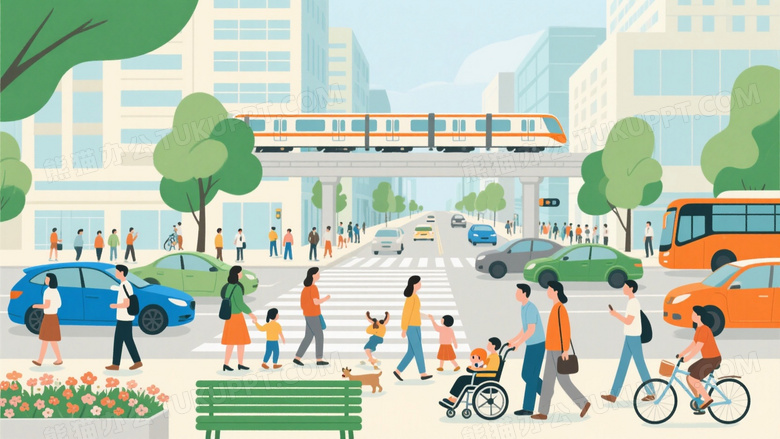 城市街道行人车辆全景插画图片