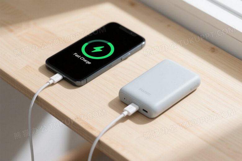 智能手机与充电宝俯拍图片