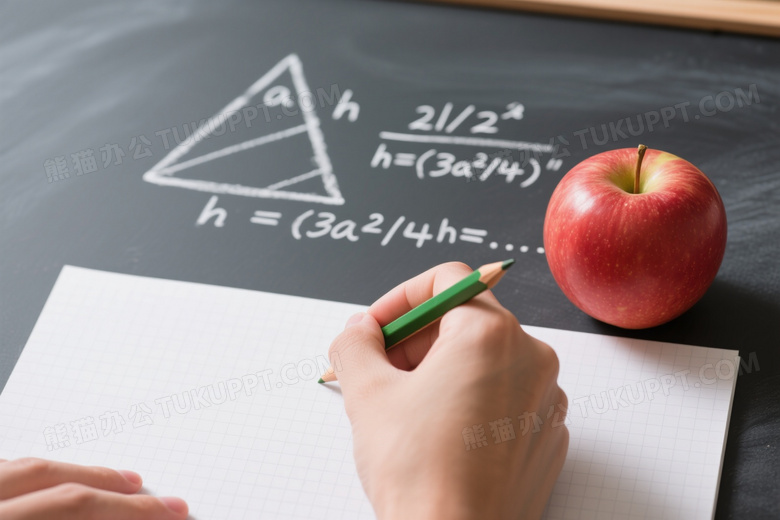 手握铅笔书写苹果与几何图图片