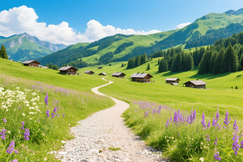 高山草甸碎石小径农舍风景图片